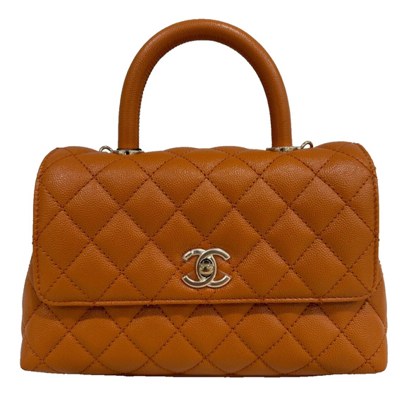Chanel 21A Caramel Brown Caviar Mini Small Coco Handle CC Quilted Chain Flap Bag - Picture 1 of 16